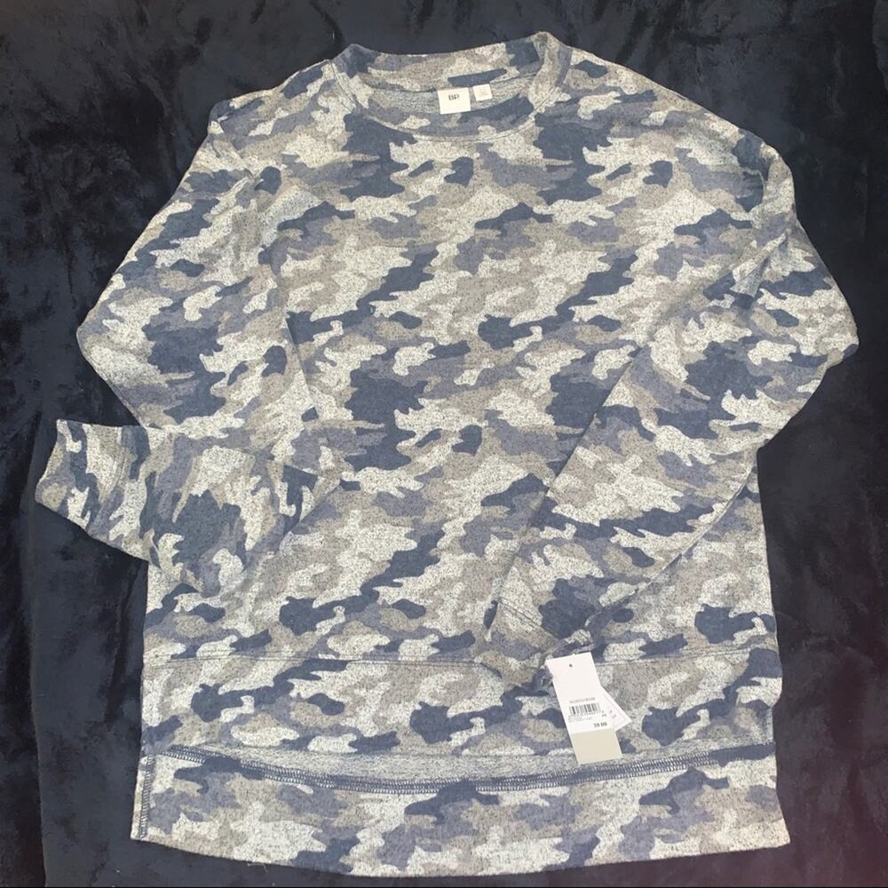 NWT NORDSTROM BLUE/GRAY CAMO CAMOUFLAGE OVERSIZE SWEATSHIRT JUMPER YOGA PILATES